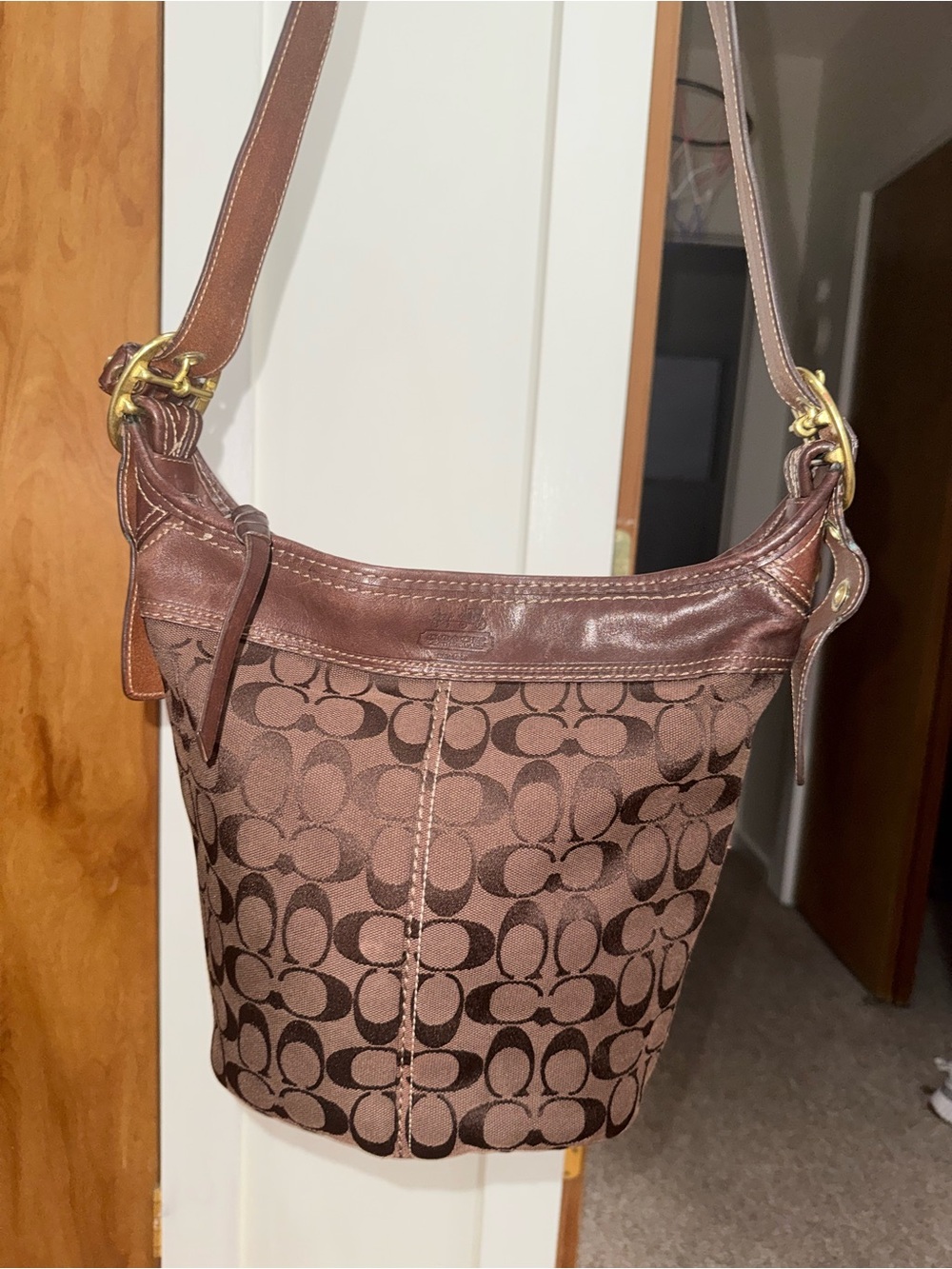 COACH Vintage Brown Bleeker Signature Canvas Leather Bucket Crossbody Bag